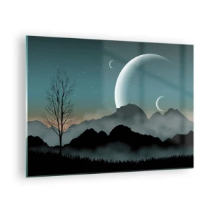Impression sur verre - Image sur verre - Lunes sur les montagnes avec un arbre solitaire et des étoiles - 70x50cm - Carnaval de la nuit étoilée - Décoration murale moderne pour le salon et la chambre ARTTOR