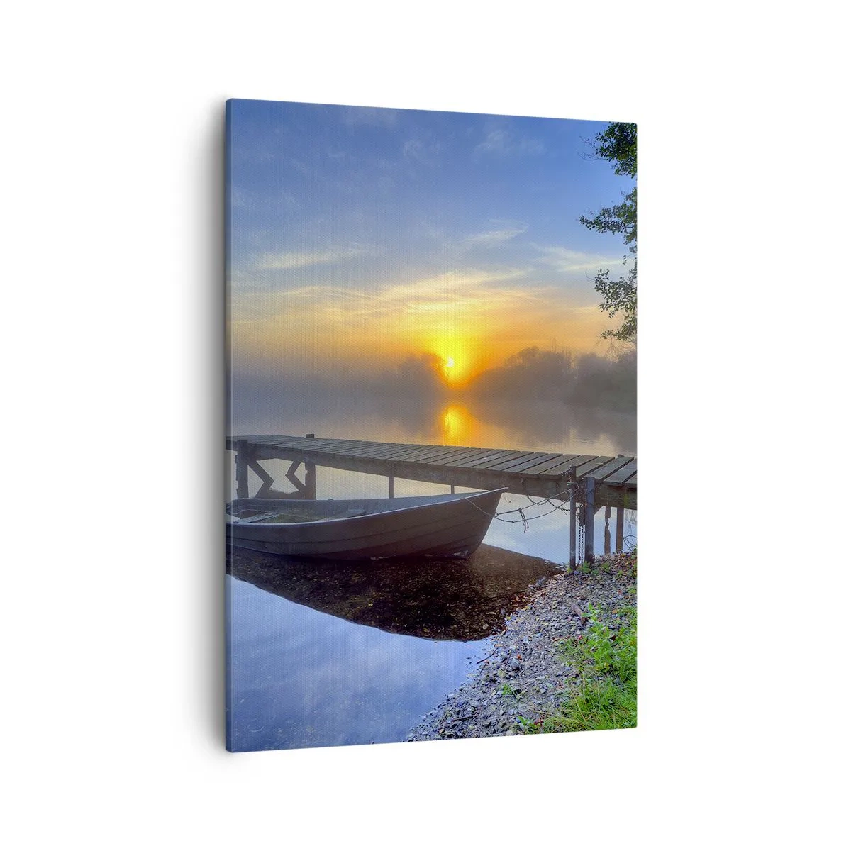 Impression sur toile - Image sur toile - Une jetée au bord du lac au lever du soleil avec un bateau sur le rivage - 50x70cm - Comment l'ordinaire se transforme en magie - Décoration murale moderne pour le salon et la chambre ARTTOR