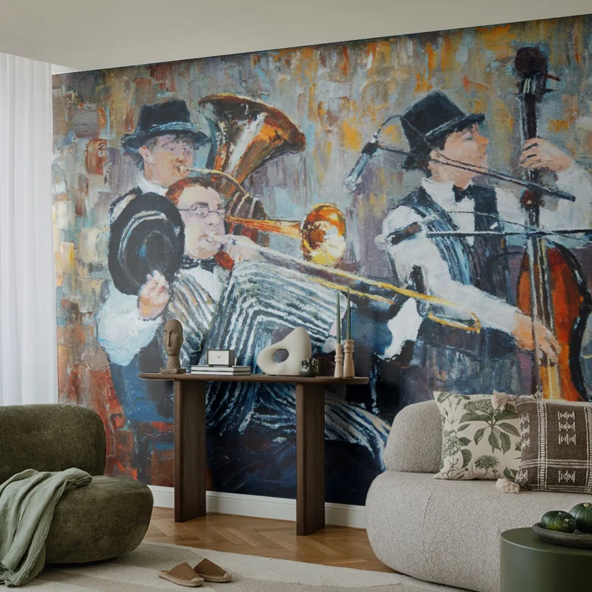 Papier Peint Photo Premium Canvas - Des musiciens de jazz dans un style pictural lors d'un concert - 100x70cm - C'est tout le Jazz - Décoration murale moderne pour le salon et la chambre ARTTOR
