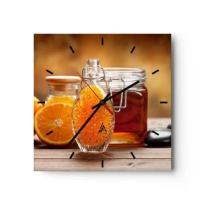 Horloge murale - Pendule murale - Une bouteille de liquide ambré et des oranges fraîches - 30x30cm - Saveurs et arômes ensoleillés - Décoration murale moderne pour le salon et la chambre ARTTOR