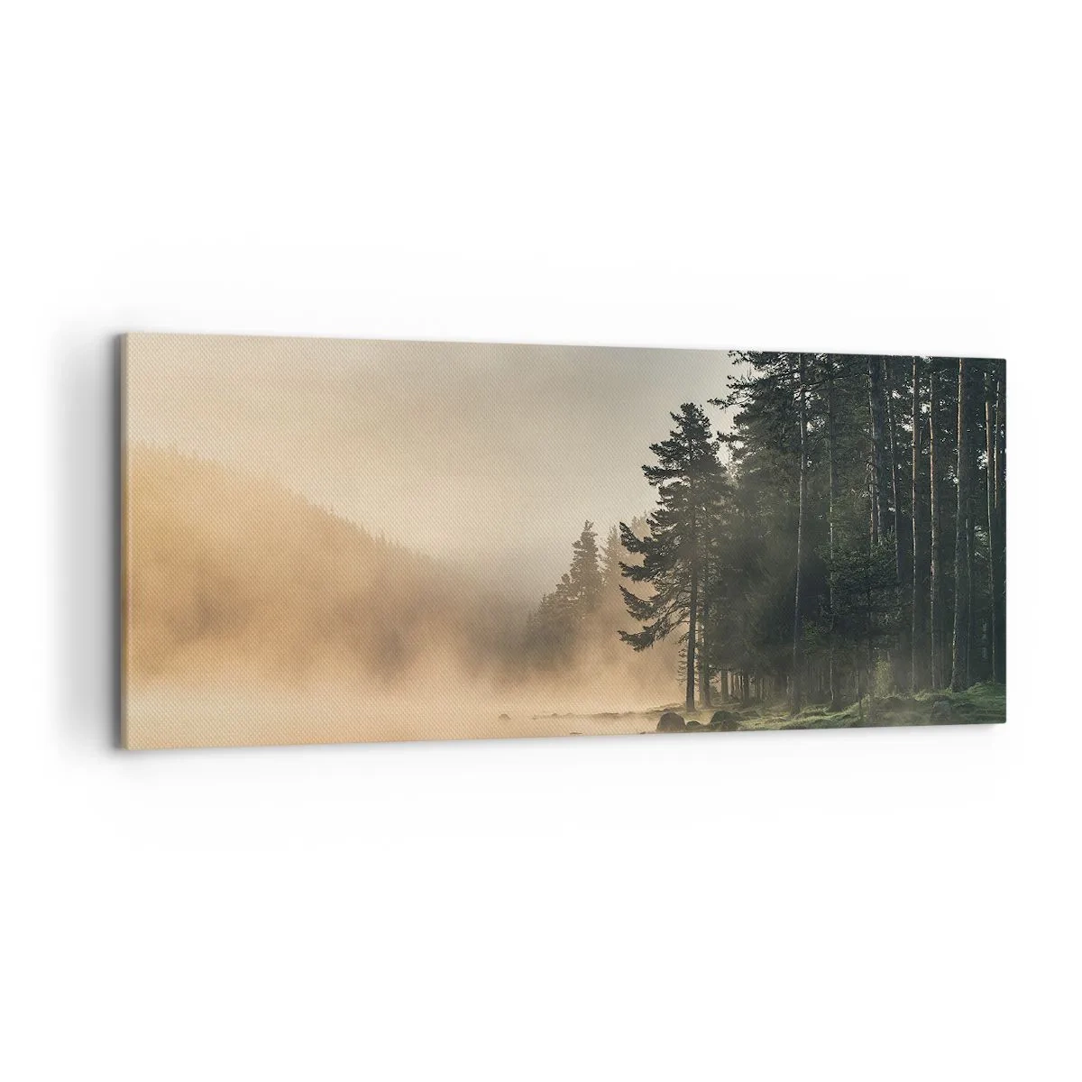Impression sur toile - Image sur toile - Une forêt brumeuse sur un lac calme - 120x50cm - Naissance du jour - Décoration murale moderne pour le salon et la chambre ARTTOR