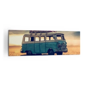 Impression sur toile - Image sur toile - Bus rétro contre une lumière floue - 160x50cm - La fin des idoles : argent et travail - Décoration murale moderne pour le salon et la chambre ARTTOR