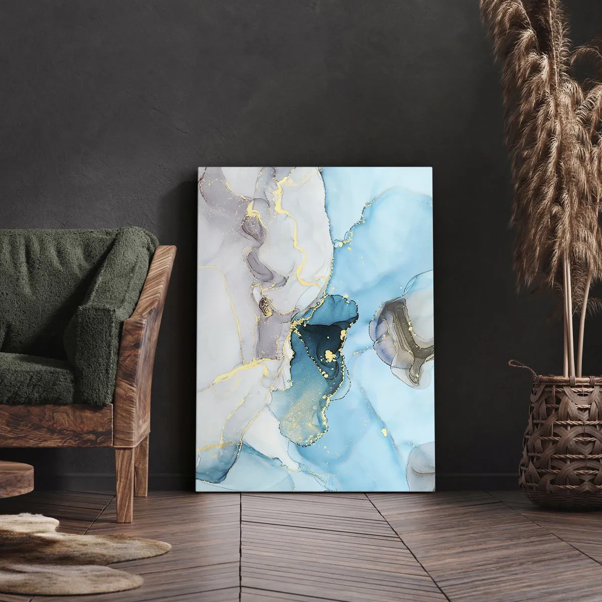 Impression sur toile - Image sur toile - Abstraction dans les tons de bleu et d'or avec des lignes subtiles - 80x120cm - Etude de la rencontre gris et turquoise - Décoration murale moderne pour le salon et la chambre ARTTOR