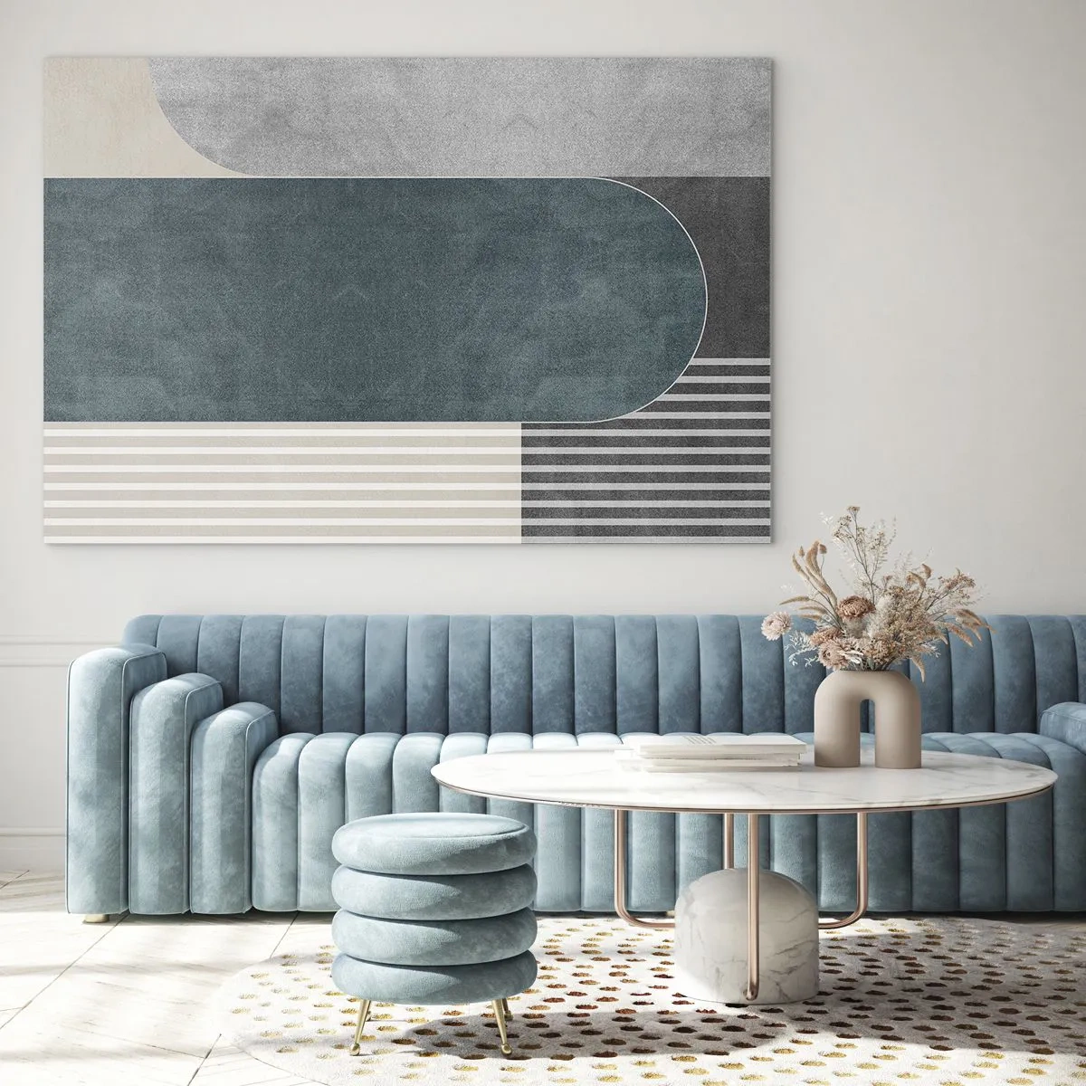 Impression sur verre - Image sur verre - Forme géométrique dans les tons de gris, beige et vert - 120x80cm - Composition de niveaux - Décoration murale moderne pour le salon et la chambre ARTTOR