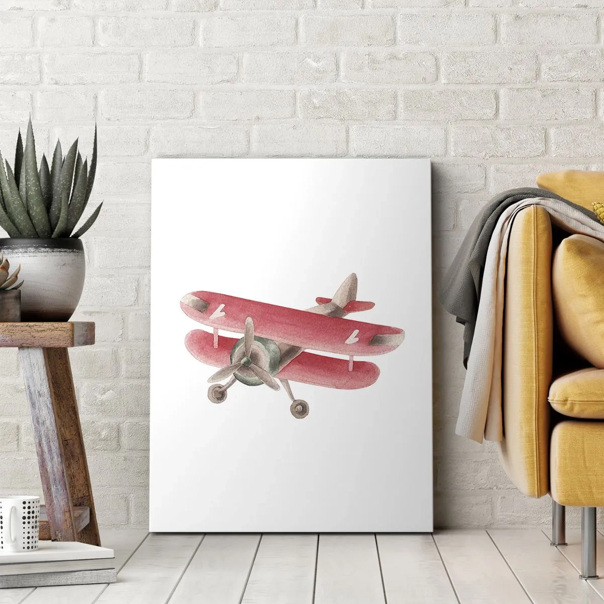 Impression sur toile - Image sur toile - Avion rétro rouge sur fond blanc - 50x70cm - Prêt pour les hauts vols - Décoration murale moderne pour le salon et la chambre ARTTOR