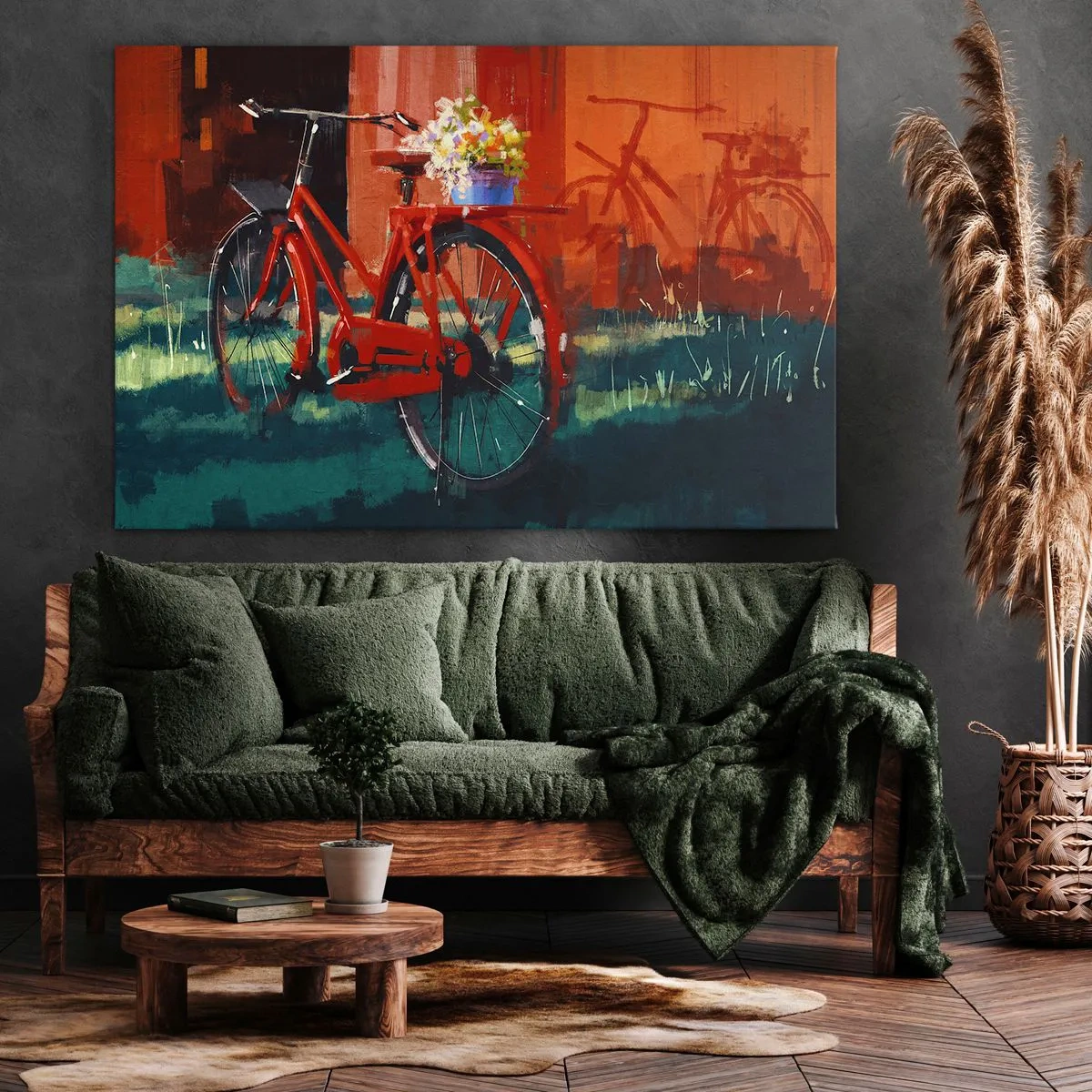 Impression sur toile - Image sur toile - Un vélo rouge avec des fleurs contre un mur orange - 120x80cm - I want to ride my bicycle - Décoration murale moderne pour le salon et la chambre ARTTOR
