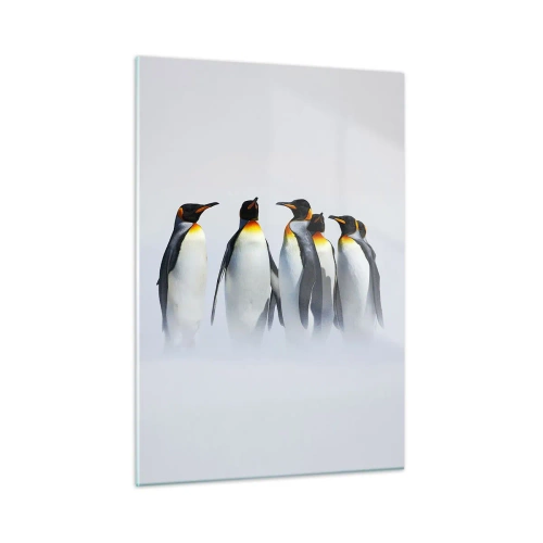Impression sur verre - Image sur verre - Un groupe de pingouins dans un paysage hivernal - 50x70cm - Rencontre en robes de soirée - Décoration murale moderne pour le salon et la chambre ARTTOR