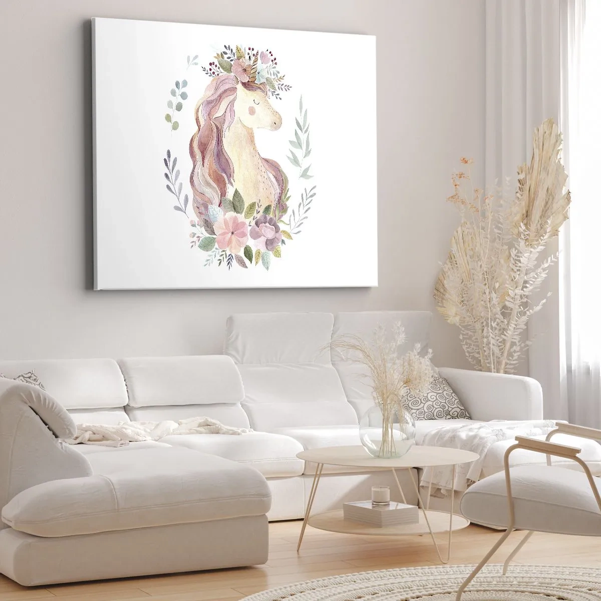 Impression sur toile - Image sur toile - Une licorne aux couleurs pastel entourée de fleurs - 70x50cm - Invitation au monde des contes de fées - Décoration murale moderne pour le salon et la chambre ARTTOR