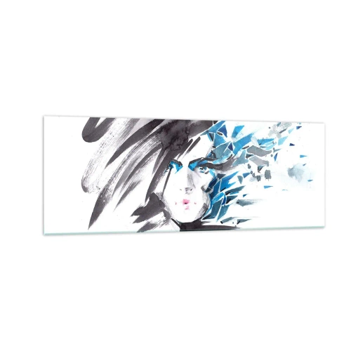 Impression sur verre - Image sur verre - Peinture faciale artistique à l'aquarelle avec des accents bleus - 140x50cm - Portrait sensuel en gris et bleu - Décoration murale moderne pour le salon et la chambre ARTTOR