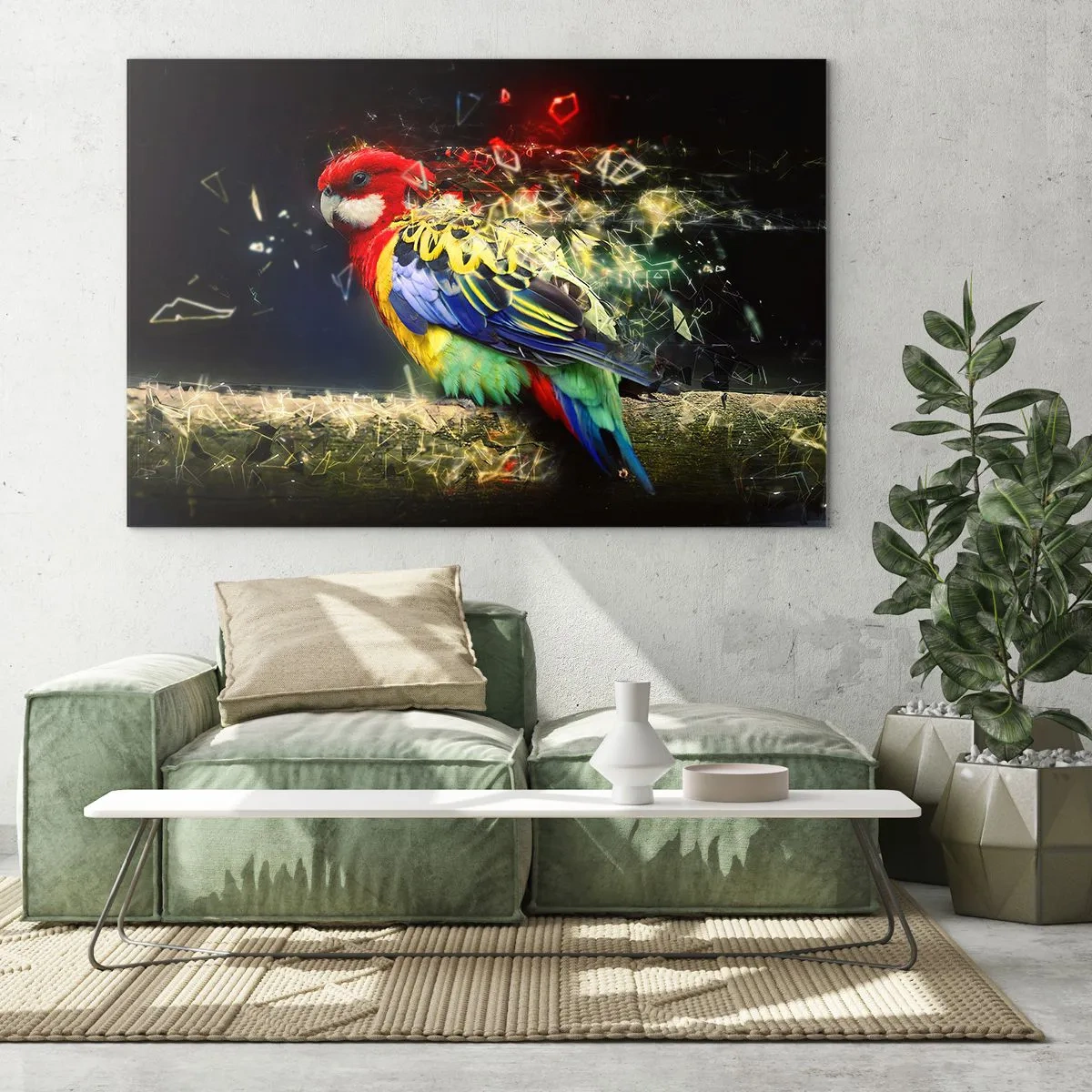 Impression sur verre - Image sur verre - Un perroquet coloré dans une composition artistique avec un effet éclatant - 120x80cm - Messager d'éclat - Décoration murale moderne pour le salon et la chambre ARTTOR