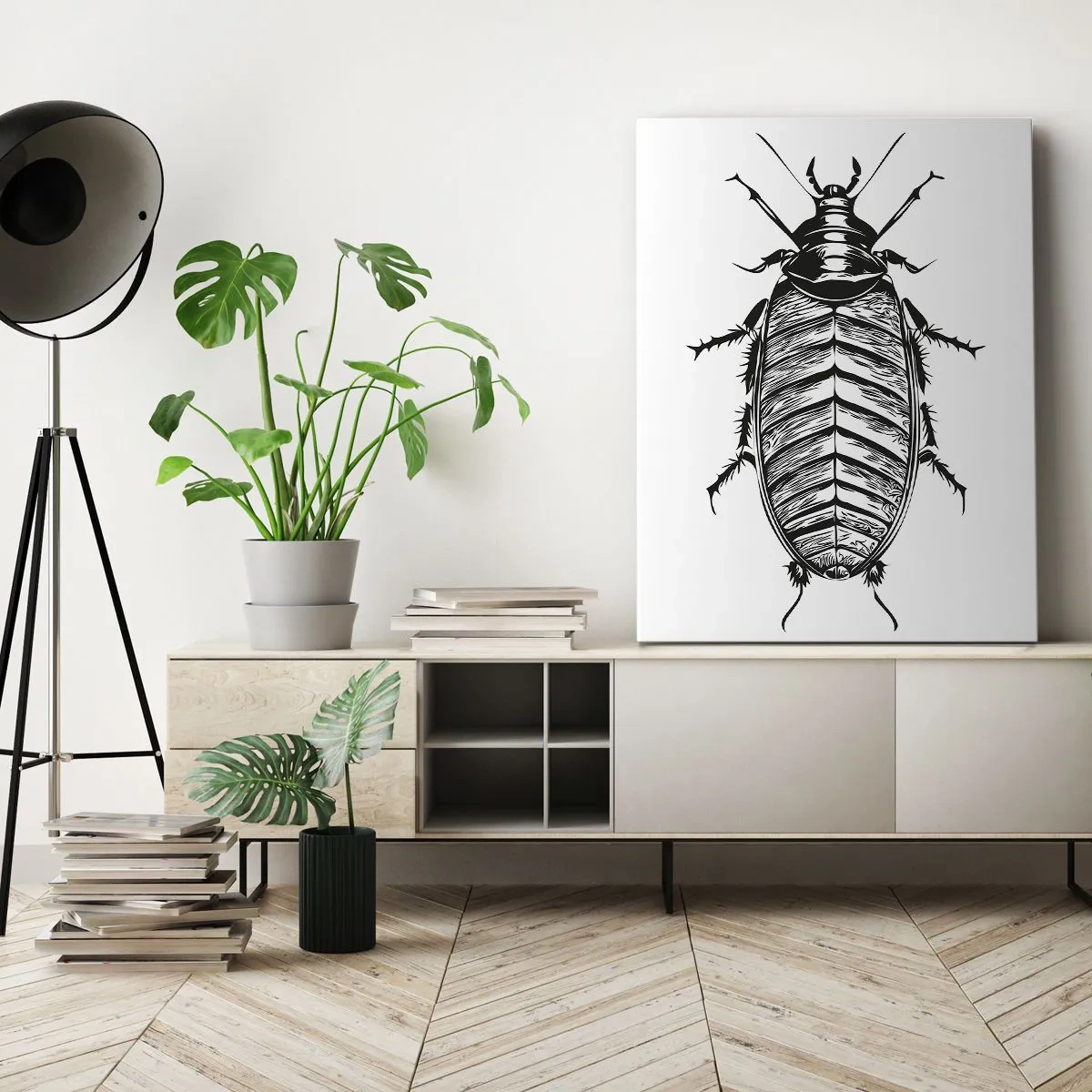 Impression sur toile - Image sur toile - Graphique d'un insecte noir et blanc sur fond blanc - 50x70cm - Quel spécimen! - Décoration murale moderne pour le salon et la chambre ARTTOR