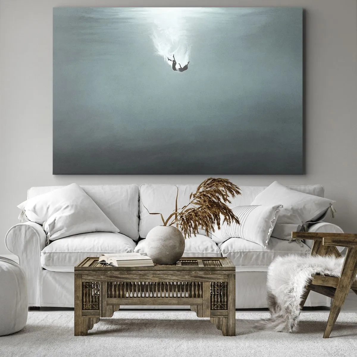 Impression sur toile - Image sur toile - Une silhouette immergée dans une eau turquoise profonde - 70x50cm - Dans les bras de l'océan - Décoration murale moderne pour le salon et la chambre ARTTOR