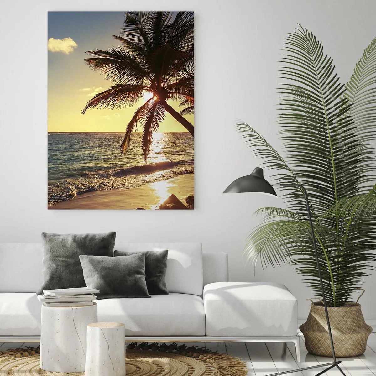 Impression sur verre - Image sur verre - Plage tropicale avec palmiers à la lumière du soleil couchant - 50x70cm - L'été sous les palmiers - Décoration murale moderne pour le salon et la chambre ARTTOR