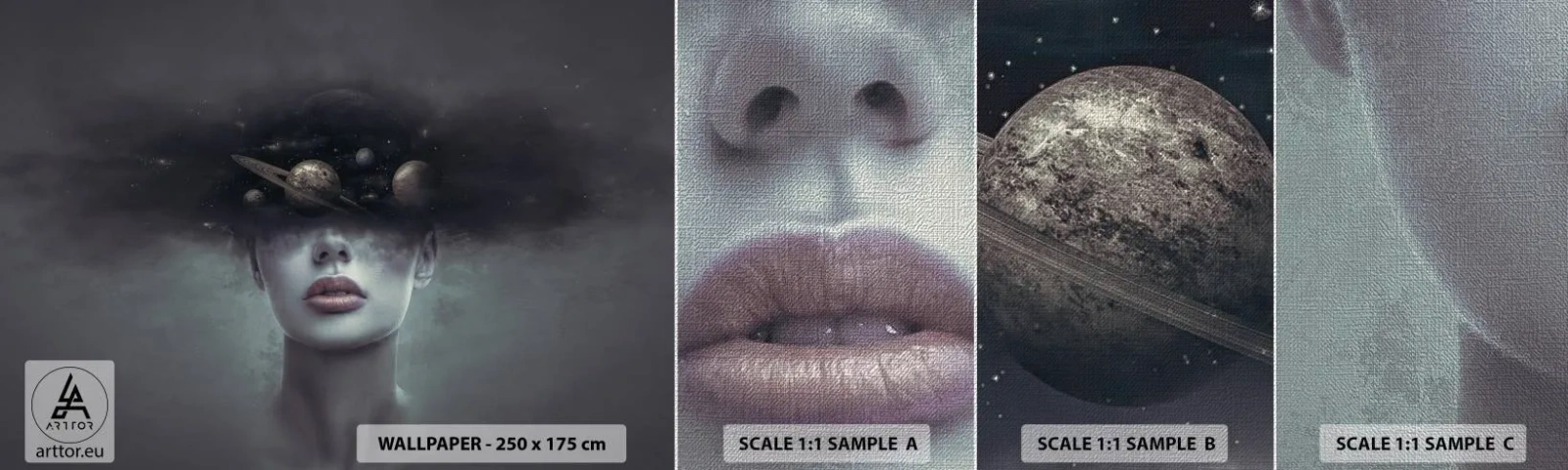 Échantillon de Papier Peint Premium Canvas - Et les planètes deviennent folles... - Abstraction, Visage de femme, Cosmos - 100x30 cm