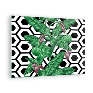 Impression sur verre - Image sur verre - Feuilles et fleurs tropicales sur un fond à motifs géométriques noir et blanc - 70x50cm - Une composition symétrique par nature - Décoration murale moderne pour le salon et la chambre ARTTOR