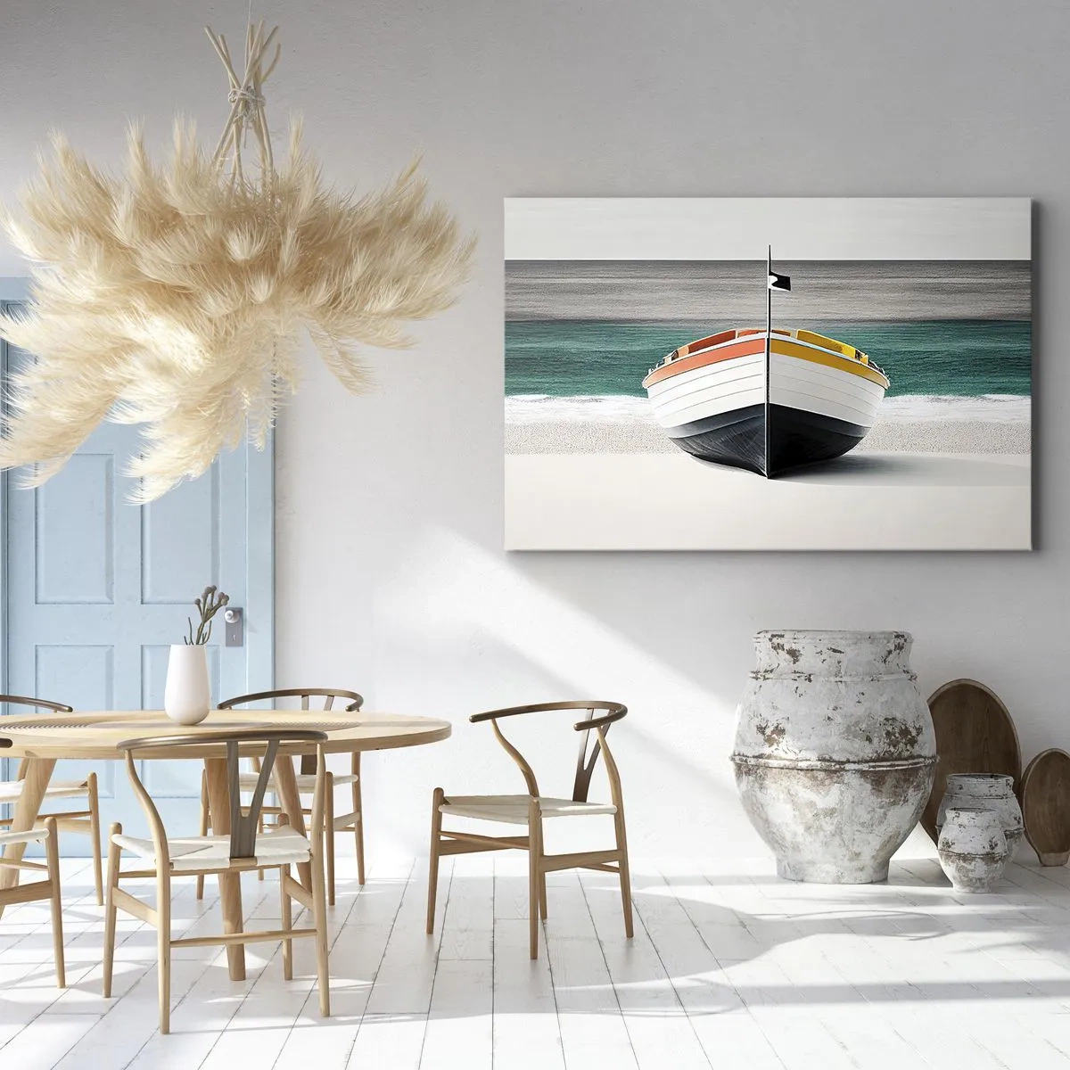 Impression sur toile - Image sur toile - Un bateau sur la plage avec une mer turquoise en arrière-plan - 70x50cm - A sa place - Décoration murale moderne pour le salon et la chambre ARTTOR