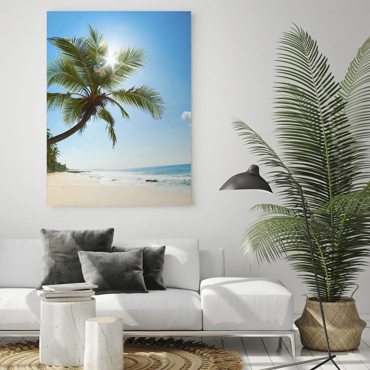 Impression sur verre - Image sur verre - Plage tropicale avec palmiers et ciel bleu - 50x70cm - Ne rien montrer à personne - Décoration murale moderne pour le salon et la chambre ARTTOR