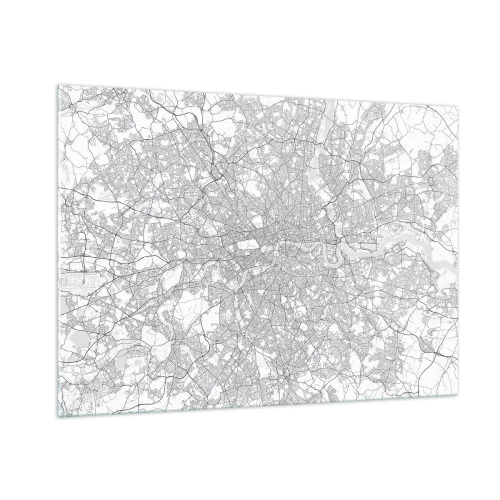 Impression sur verre - Image sur verre - Une carte en noir et blanc avec un quadrillage de rues dense dans un style minimaliste. - 100x70cm - Carte du labyrinthe londonien - Décoration murale moderne pour le salon et la chambre ARTTOR