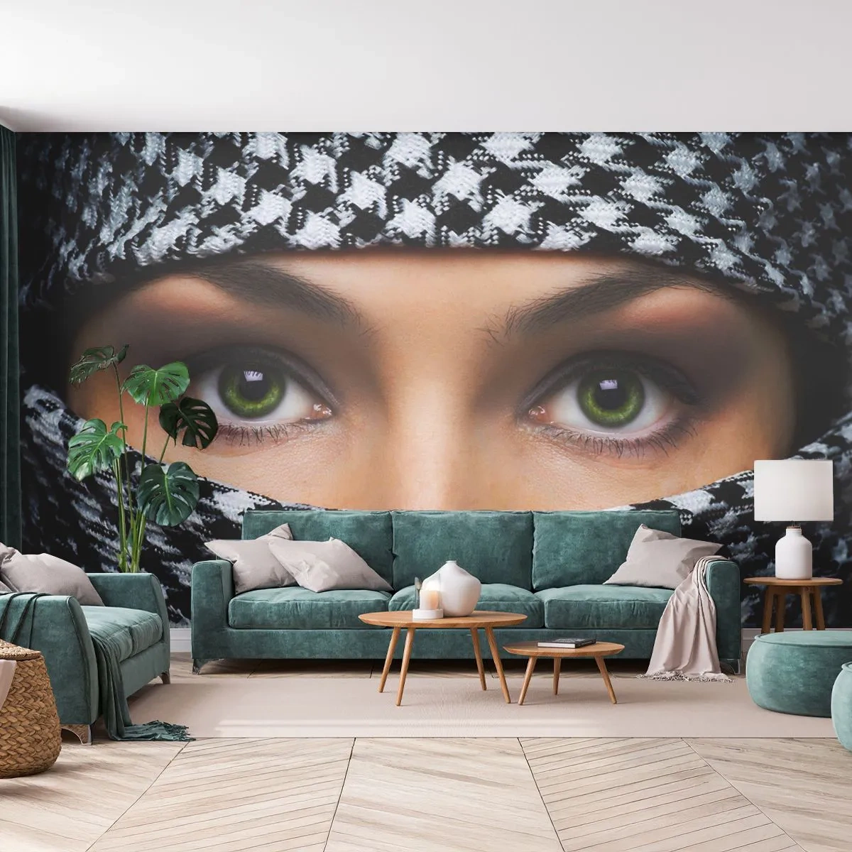 Papier Peint Photo Premium Sand - Un portrait d'une beauté voilée aux yeux verts - Femme, Yeux, Culture - 400x280 cm