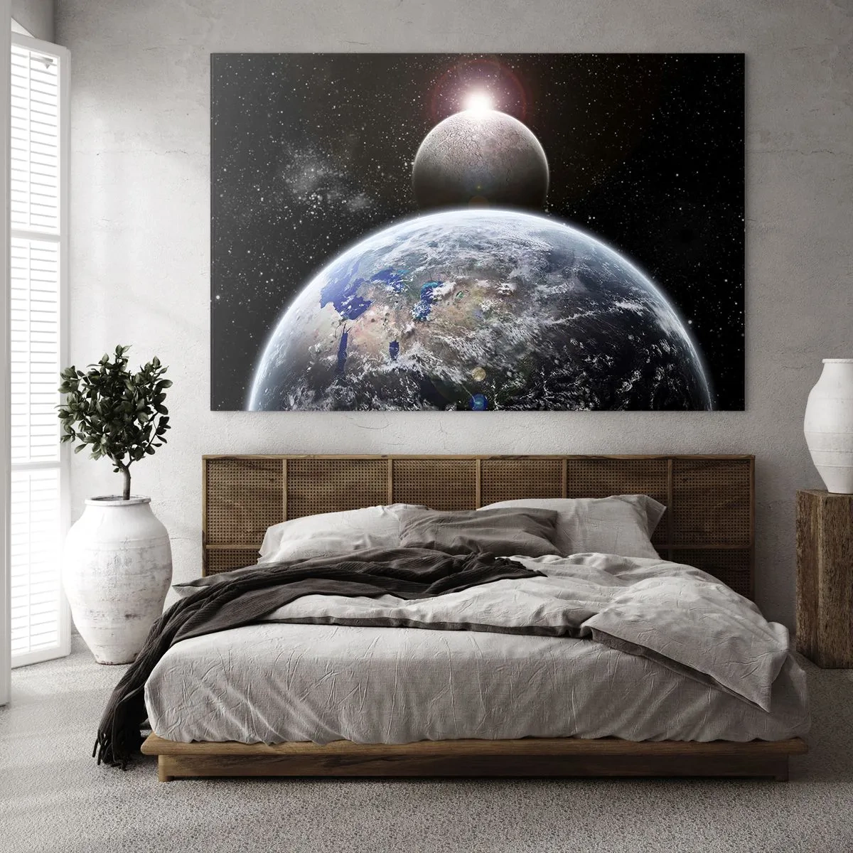 Impression sur verre - Image sur verre - La Terre et la Lune dans l'espace - 120x80cm - Paysage cosmique - lever de soleil - Décoration murale moderne pour le salon et la chambre ARTTOR