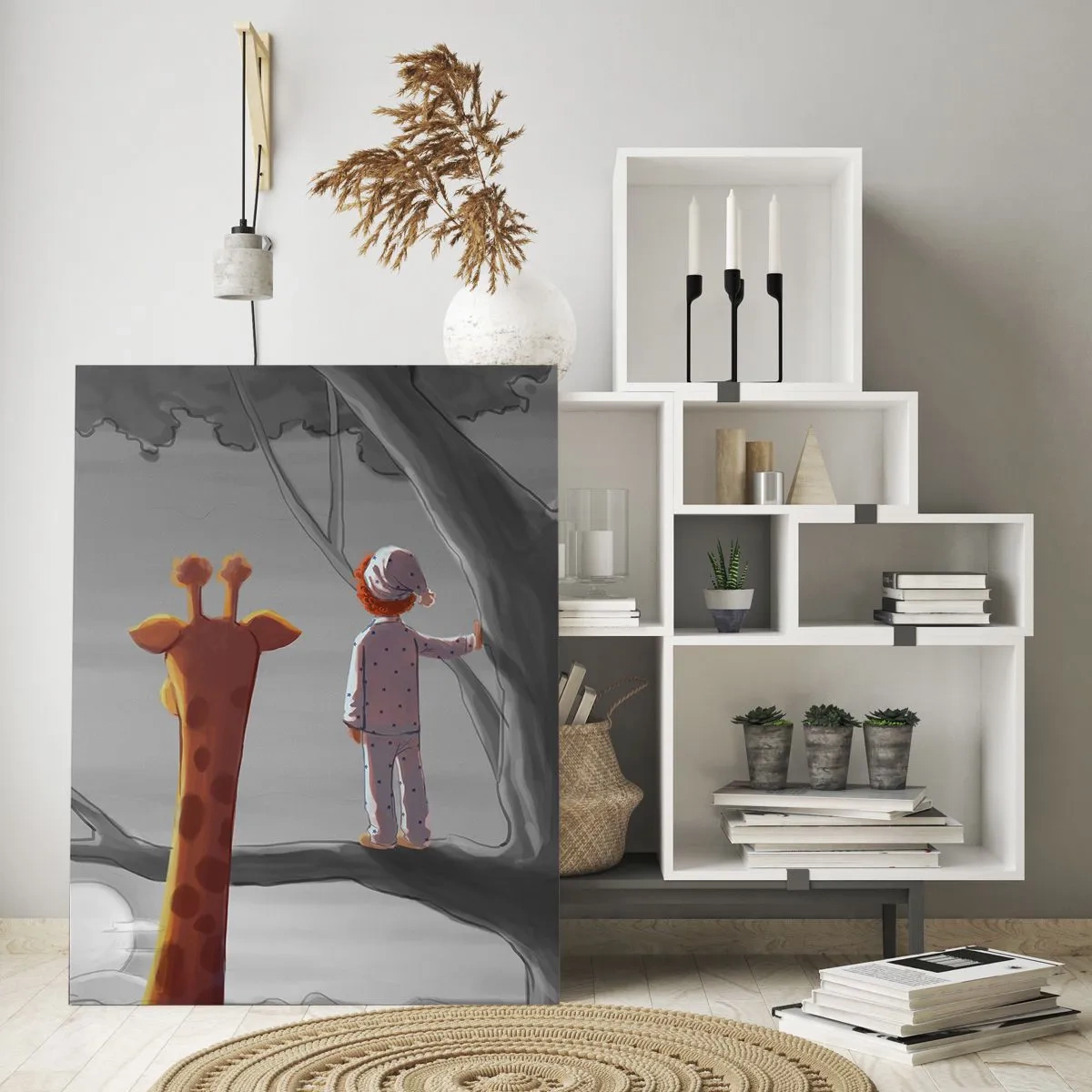 Impression sur verre - Image sur verre - Un enfant et une girafe sur une branche d'arbre dans un paysage de conte de fées - 80x120cm - Cela arrive vraiment - Décoration murale moderne pour le salon et la chambre ARTTOR