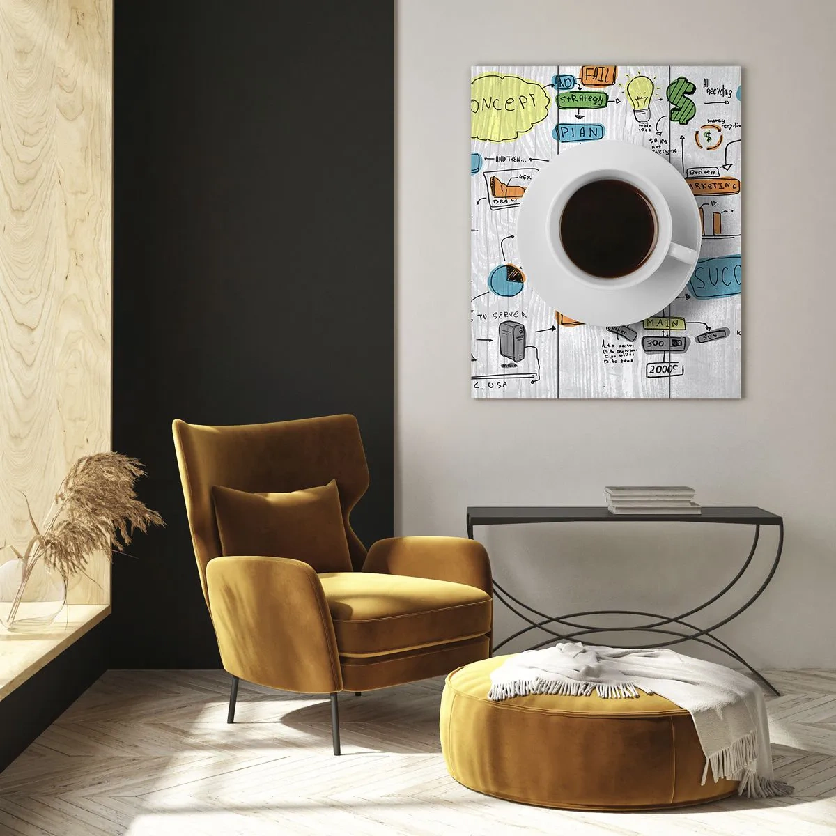 Impression sur verre - Image sur verre - Une tasse de café sur fond de diagrammes et de dessins conceptuels - 50x70cm - Il est temps de faire une pause - Décoration murale moderne pour le salon et la chambre ARTTOR
