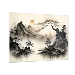 Impression sur verre - Image sur verre - Paysage de montagne oriental avec une pagode et des arbres - 70x50cm - Le charme unique de l'Orient - Décoration murale moderne pour le salon et la chambre ARTTOR