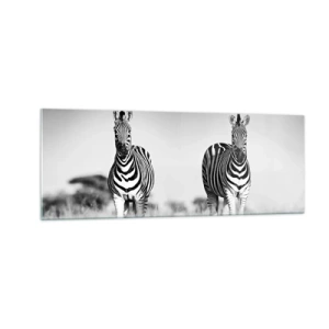 Impression sur verre - Image sur verre - Deux zèbres dans la savane dans un style monochrome - 140x50cm - Le monde est bel et bien noir et blanc - Décoration murale moderne pour le salon et la chambre ARTTOR