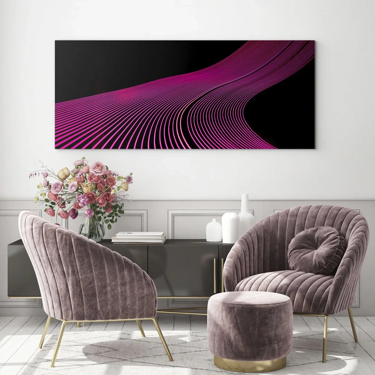 Impression sur verre - Image sur verre - Lignes futuristes dans des tons de rose sur fond noir - 120x50cm - Avenue de lumière - Décoration murale moderne pour le salon et la chambre ARTTOR