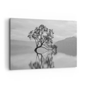 Impression sur toile - Image sur toile - Un arbre solitaire se reflétant dans l'eau avec des montagnes en arrière-plan - 100x70cm - Un tel pays existe - Décoration murale moderne pour le salon et la chambre ARTTOR