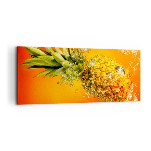 Impression sur toile - Image sur toile - Un ananas immergé dans l'eau sur un fond dégradé orange. - 120x50cm - Fraîcheur juteuse tropicale - Décoration murale moderne pour le salon et la chambre ARTTOR