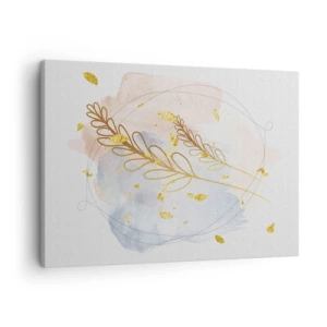 Impression sur toile - Image sur toile - Un délicat motif de feuille dorée sur un fond pastel avec des détails aquarelles. - 70x50cm - Explosion d'or - Décoration murale moderne pour le salon et la chambre ARTTOR