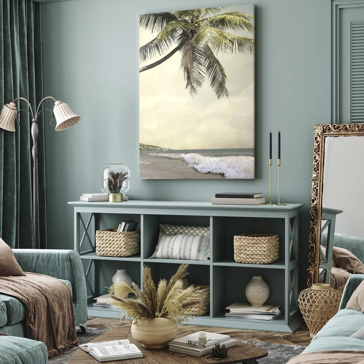 Impression sur toile - Image sur toile - Une plage avec des palmiers sur fond de mer calme - 50x70cm - Rêve tropical - Décoration murale moderne pour le salon et la chambre ARTTOR