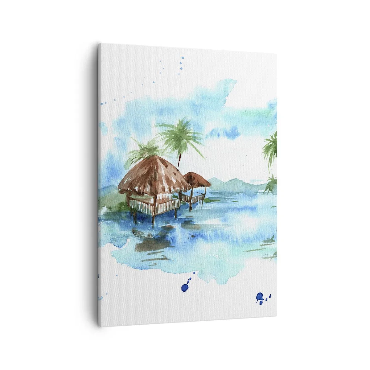 Impression sur toile - Image sur toile - Aquarelle représentant un paysage tropical avec des maisons et des palmiers - 50x70cm - Quelque part dans le Pacifique - Décoration murale moderne pour le salon et la chambre ARTTOR