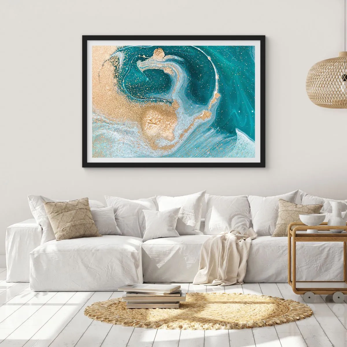 Affiche dans un cadre noir - Poster - Tourbillon abstrait dans les tons turquoise et or - 70x50cm - Tourbillon d'or et de turquoise - Décoration murale moderne pour le salon et la chambre ARTTOR