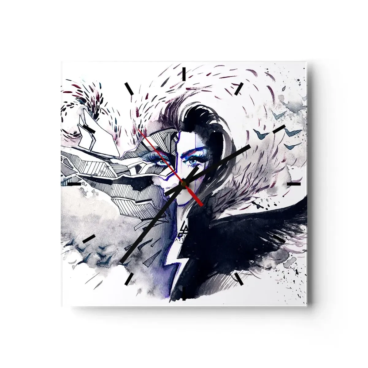 Horloge murale - Pendule murale - Visage abstrait avec des éléments contrastés et un motif d'aile - 30x30cm - Démoniaque et belle - Décoration murale moderne pour le salon et la chambre ARTTOR