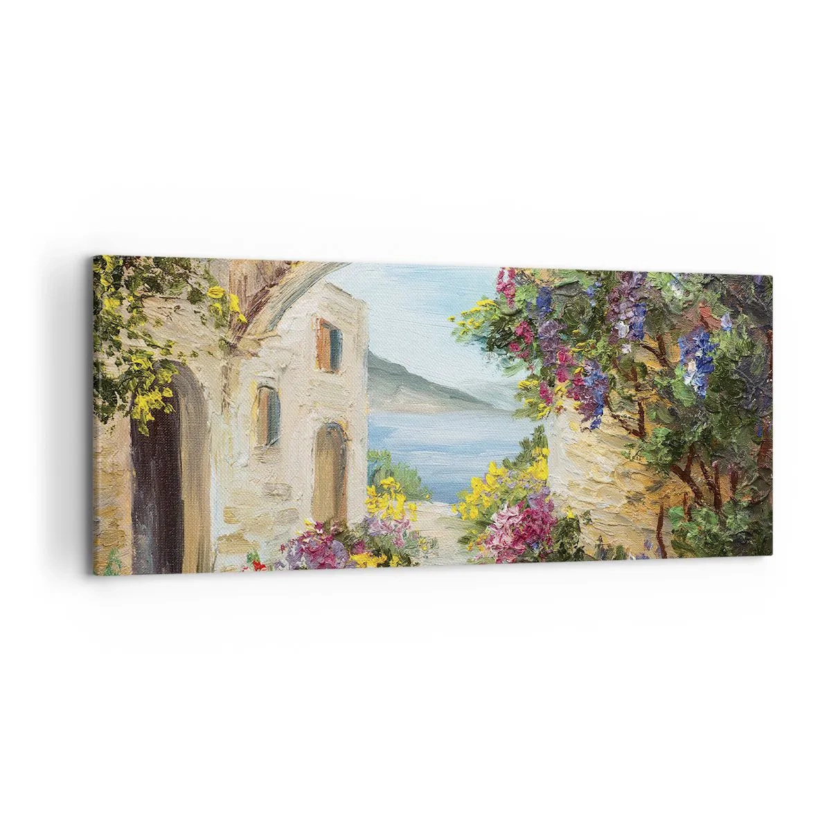 Impression sur toile - Image sur toile - Paysage de bord de mer avec des bâtiments en pierre et des fleurs - 120x50cm - Le charme d'une province côtière - Décoration murale moderne pour le salon et la chambre ARTTOR