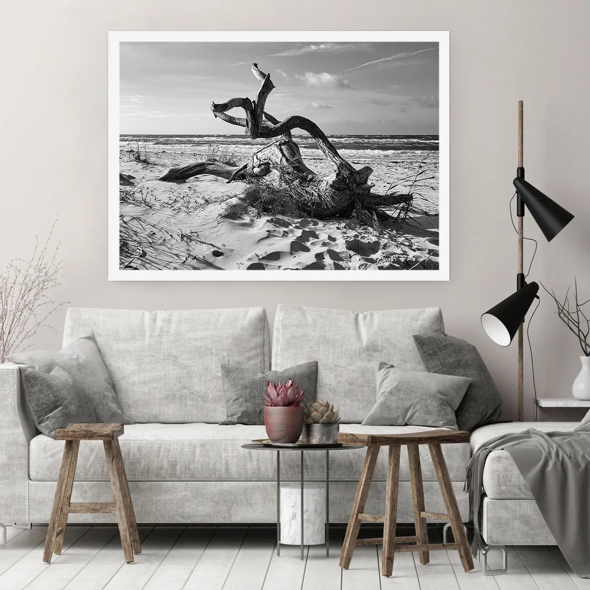 Affiche - Poster - Paysage noir et blanc avec un arbre mort sur la plage - 100x70cm - Sculpture marine - Décoration murale moderne pour le salon et la chambre ARTTOR