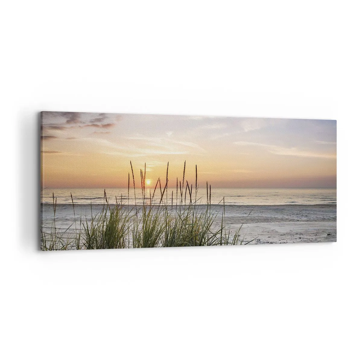 Impression sur toile - Image sur toile - Une plage de sable au coucher du soleil avec de l'herbe en arrière-plan - 120x50cm - Regarde, pense, ressent - Décoration murale moderne pour le salon et la chambre ARTTOR