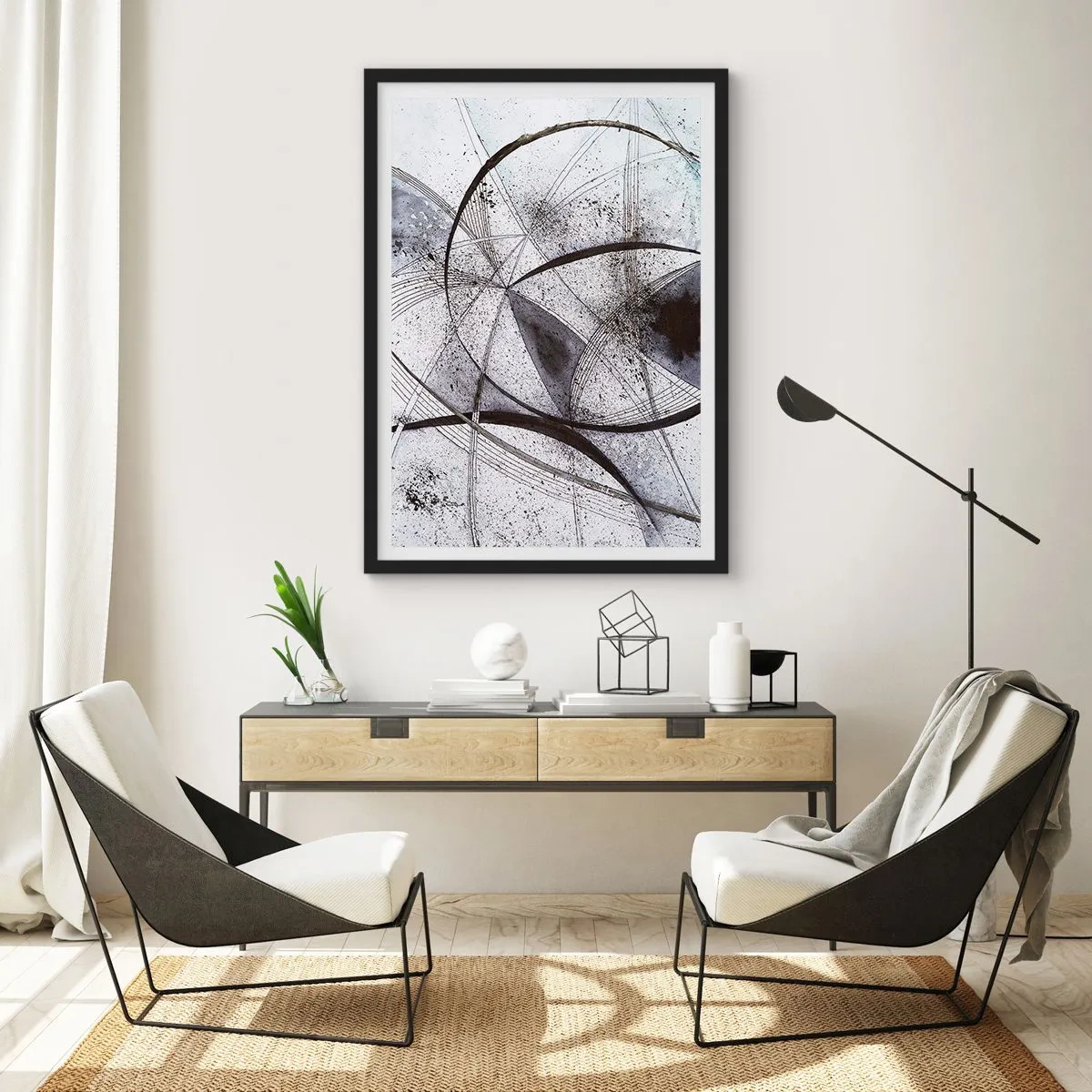 Affiche dans un cadre noir - Poster - Composition abstraite de lignes et de cercles géométriques - 50x70cm - Fantaisie futuriste - Décoration murale moderne pour le salon et la chambre ARTTOR