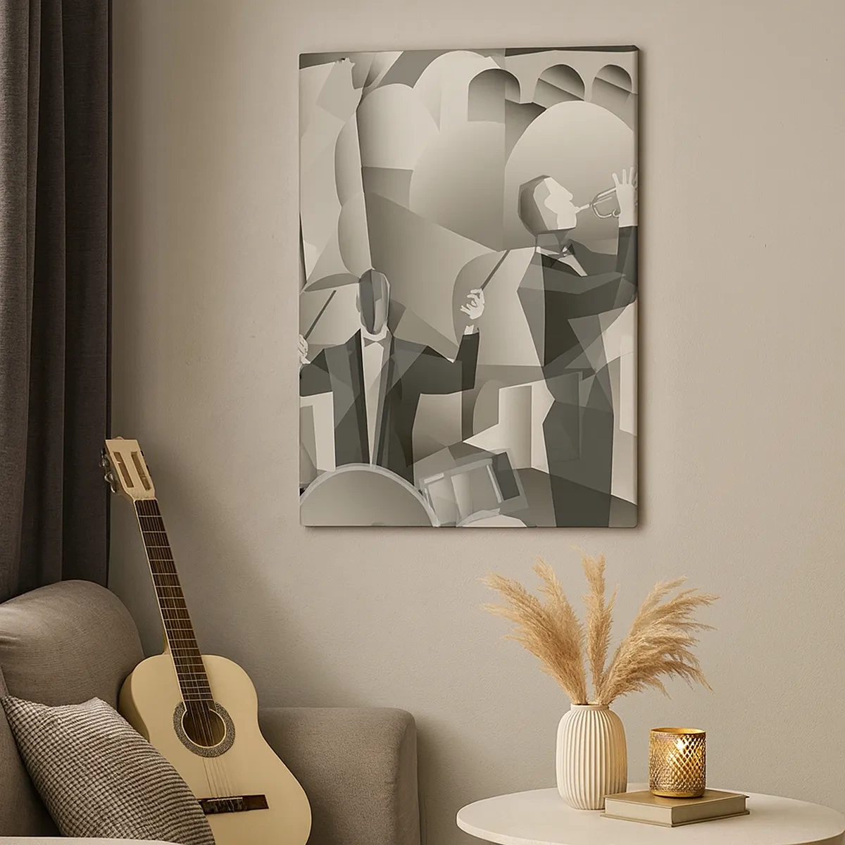 Impression sur toile - Image sur toile - Scène abstraite avec des musiciens de jazz dans des tons de gris. - 50x70cm - Dans l'espace des sons - Décoration murale moderne pour le salon et la chambre ARTTOR