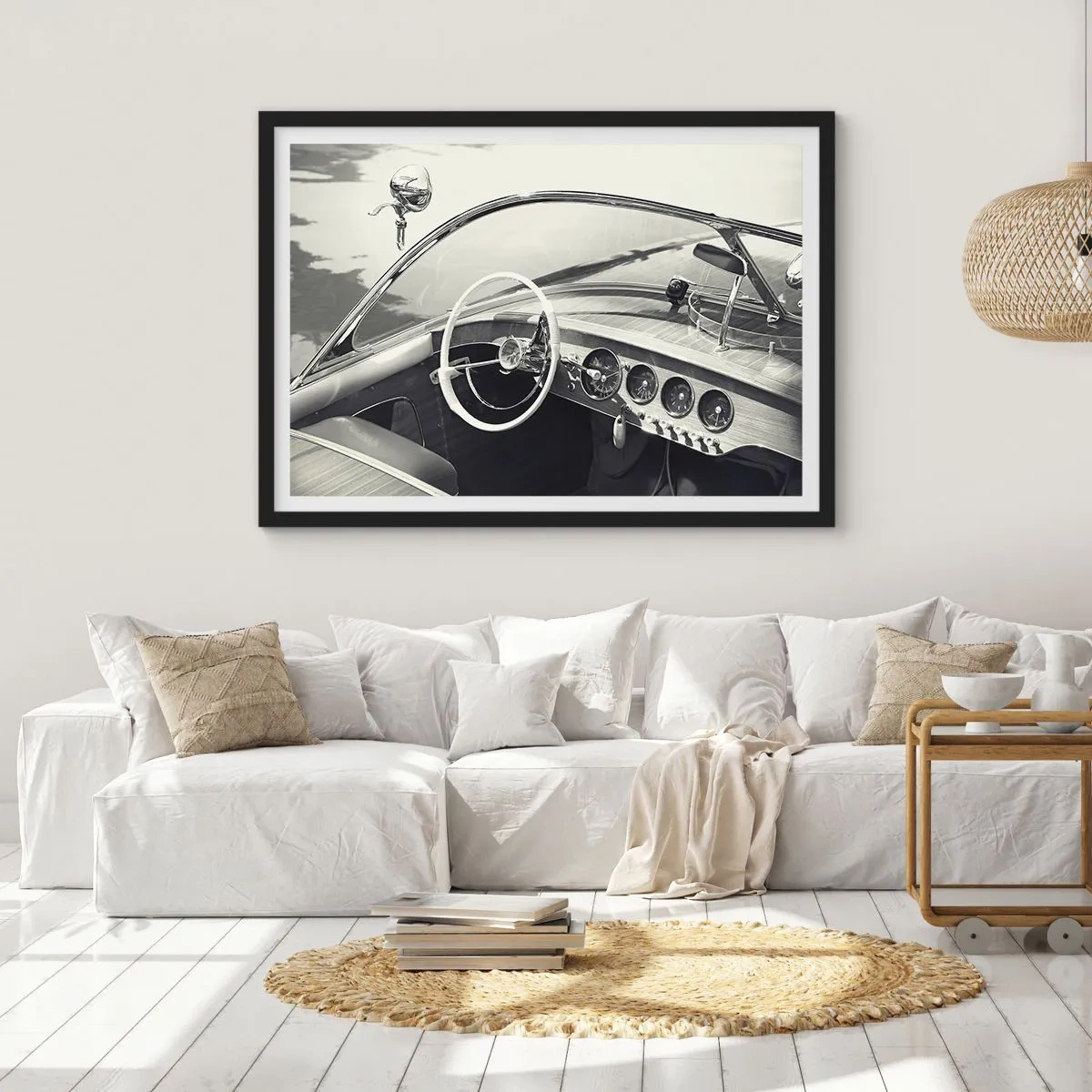 Affiche dans un cadre noir - Poster - Intérieur de voiture classique de style monochrome - 100x70cm - Temps pour riche - Décoration murale moderne pour le salon et la chambre ARTTOR