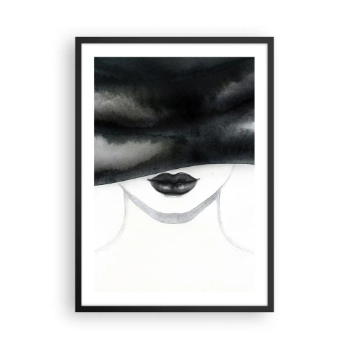 Affiche dans un cadre noir - Poster - Portrait en noir et blanc d'une femme aux yeux bandés - 50x70cm - Un mystère sensuel - Décoration murale moderne pour le salon et la chambre ARTTOR
