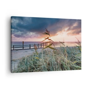 Impression sur toile - Image sur toile - Plage au coucher du soleil avec des herbes au premier plan - 70x50cm - Ça ne passe pas avec le vent - Décoration murale moderne pour le salon et la chambre ARTTOR
