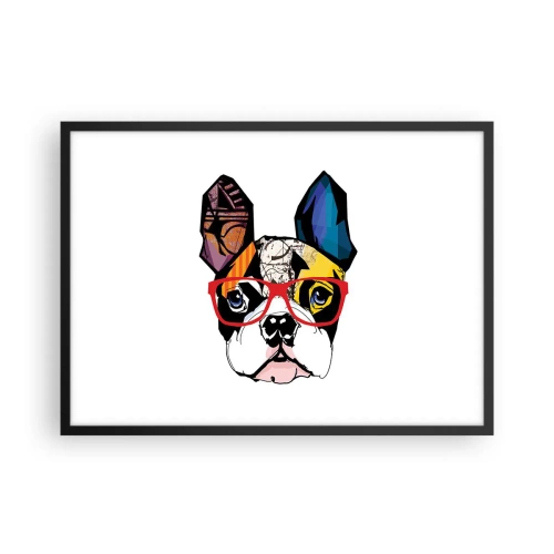 Affiche dans un cadre noir - Poster - Bouledogue dans une illustration colorée avec des lunettes rouges - 70x50cm - Intellectuel - Décoration murale moderne pour le salon et la chambre ARTTOR