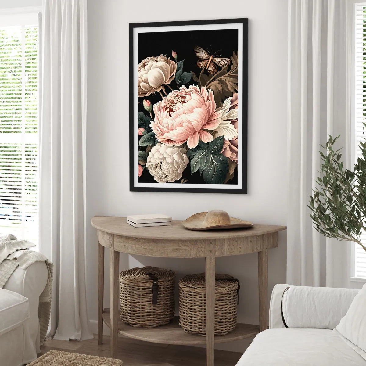 Affiche dans un cadre noir - Poster - Pivoines élégantes et un papillon sur fond noir - 50x70cm - De style baroque - Décoration murale moderne pour le salon et la chambre ARTTOR