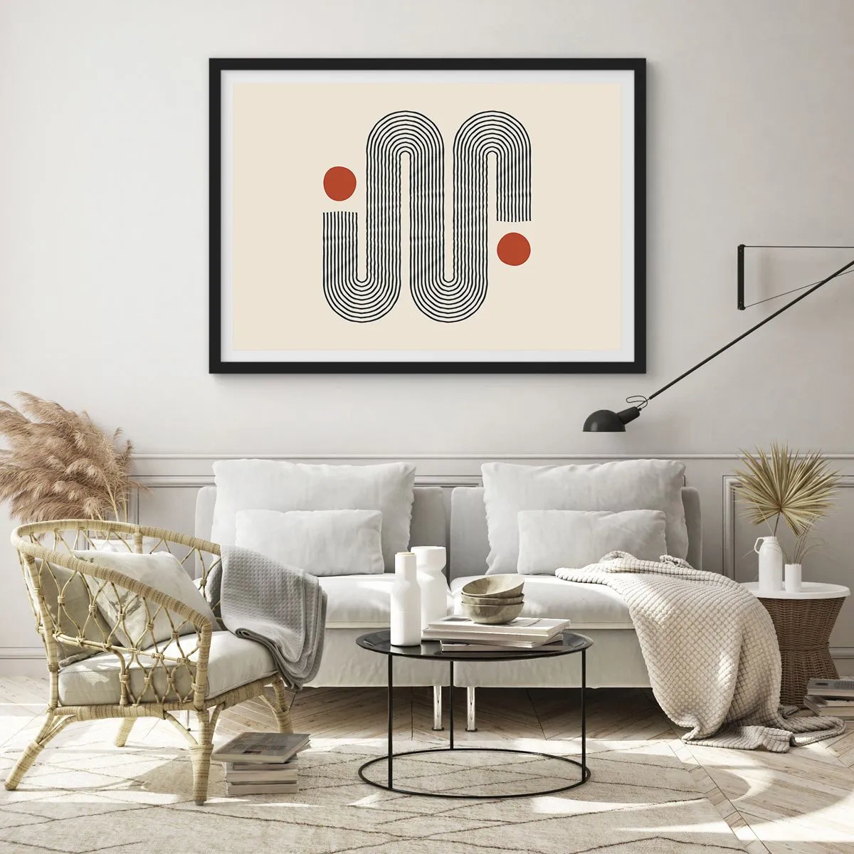 Affiche dans un cadre noir - Poster - Motif géométrique avec des lignes et des cercles orange - 100x70cm - Du début à la fin - Décoration murale moderne pour le salon et la chambre ARTTOR