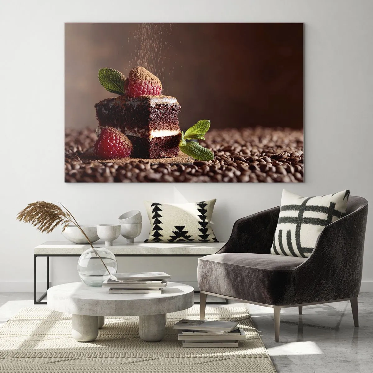 Impression sur verre - Image sur verre - Dessert au chocolat aux framboises et aux feuilles de menthe - 120x80cm - La vie est douce - Décoration murale moderne pour le salon et la chambre ARTTOR