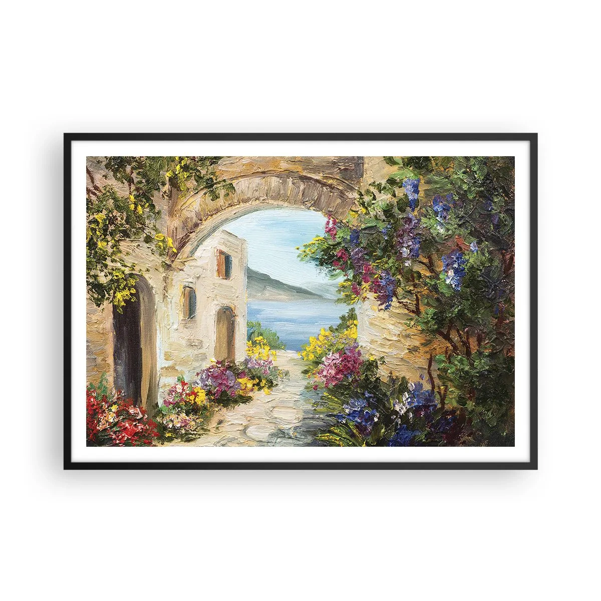 Affiche dans un cadre noir - Poster - Paysage de bord de mer avec des bâtiments en pierre et des fleurs - 100x70cm - Le charme d'une province côtière - Décoration murale moderne pour le salon et la chambre ARTTOR