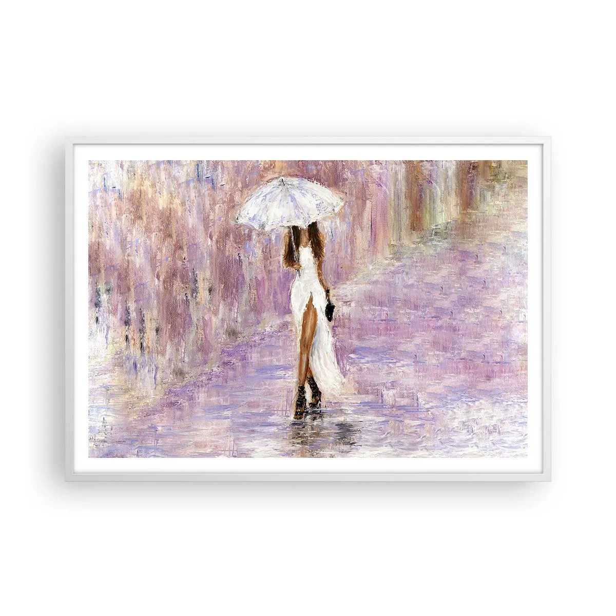 Affiche dans un cadre blanc - Poster - Sous la pluie lilas - 100x70 cm